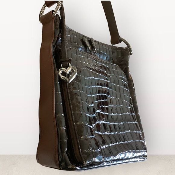 Brighton Sonny Moc Croc Patent Leather Organizer Wallet Shoulder Bag in Brown - Picture 2 of 10